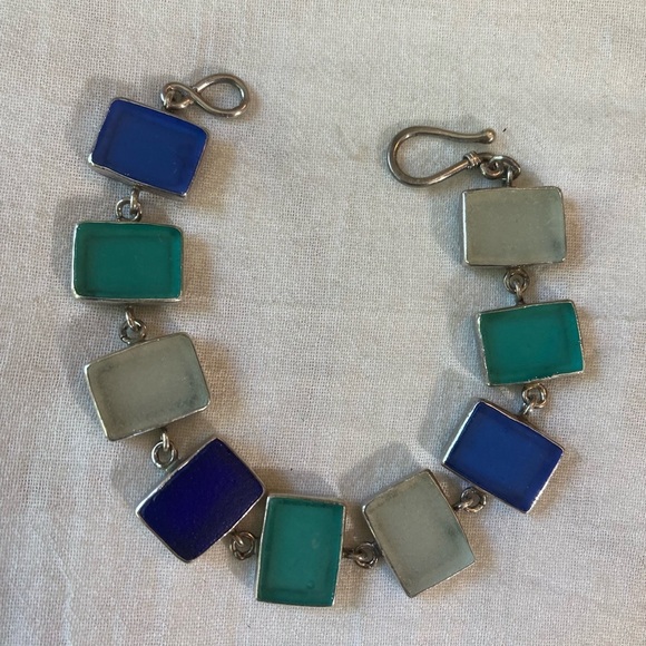 Sterling‎ Silver 925 Bracelet with Natural Stone Inlay Vintage - Picture 1 of 8